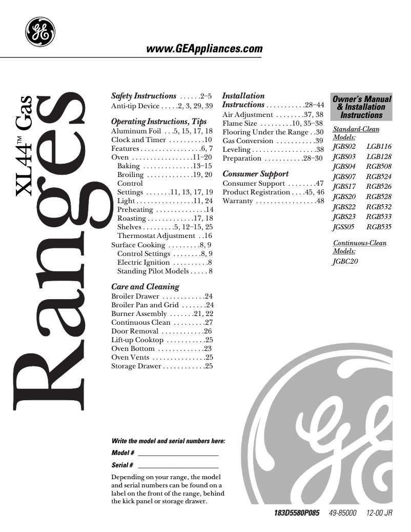 First page image of the manual for JGBS15PEAAD