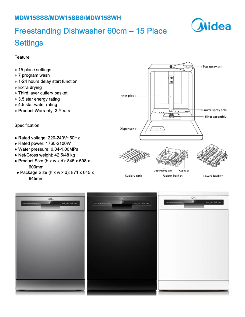 Page 1 of the manual Technical Sheet Midea MDW15SWH