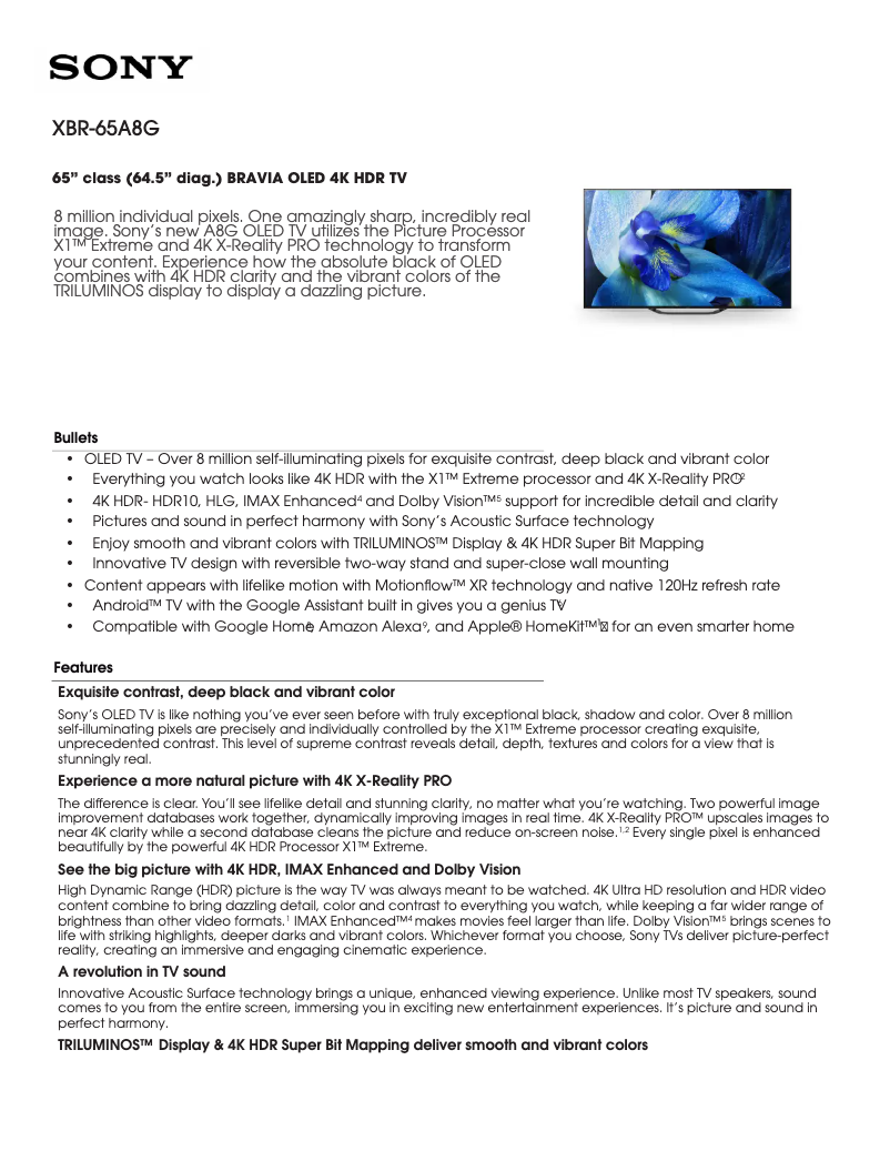 First page image of the manual for XBR-65A8G