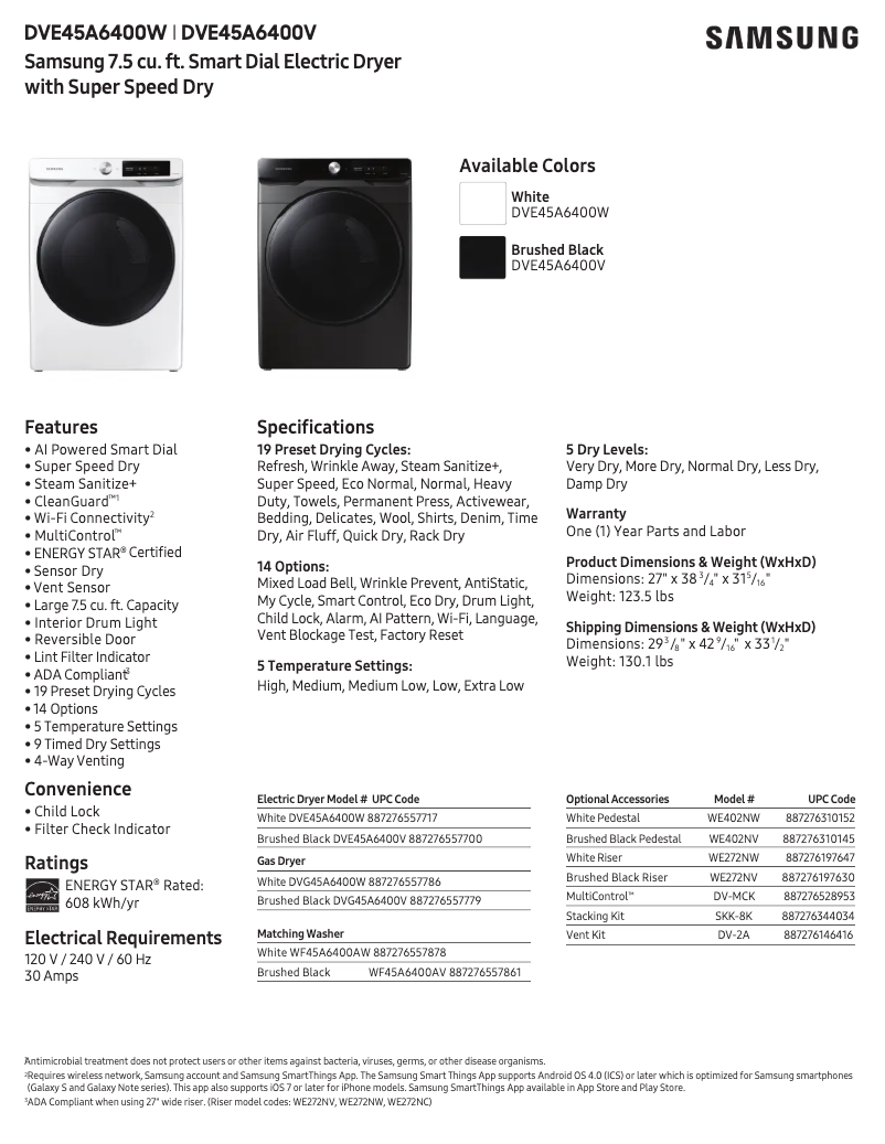 Page 1 of the manual Technical Sheet Samsung DVE45A6400W