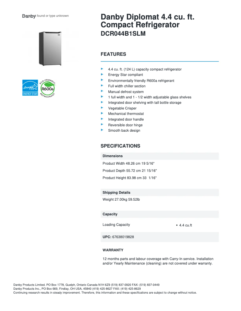 Page 1 of the manual Technical Sheet Danby Diplomat DCR044B1SLM