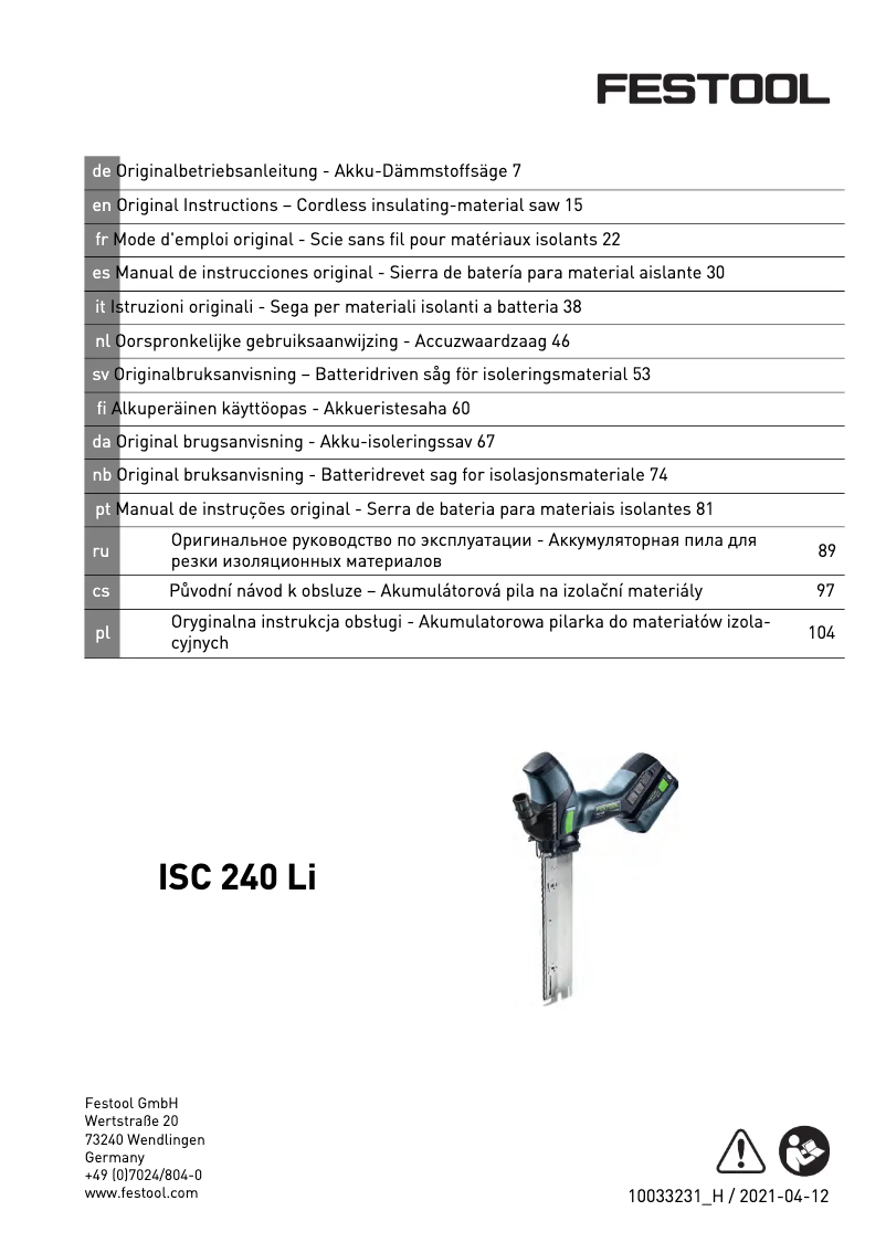 Page 1 of the manual User Manual Festool ISC 240 Li