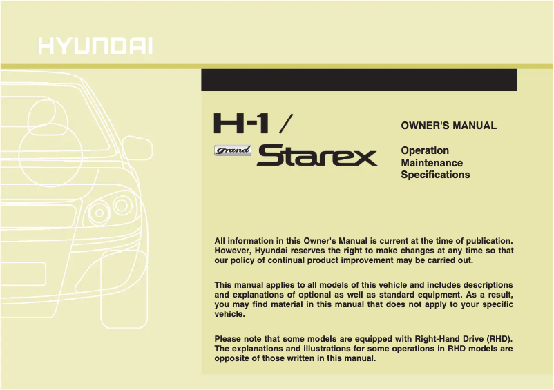 First page image of the manual for H-1 Grand Starex (2012)