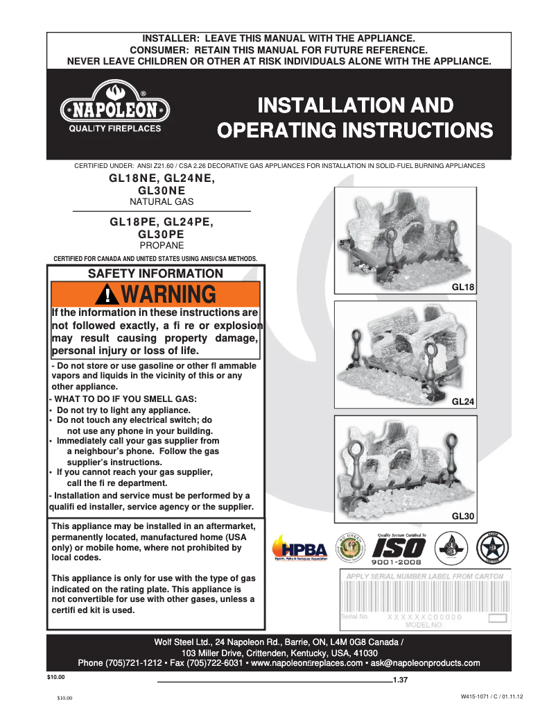 Page 1 of the manual User Manual Napoleon GL30NE