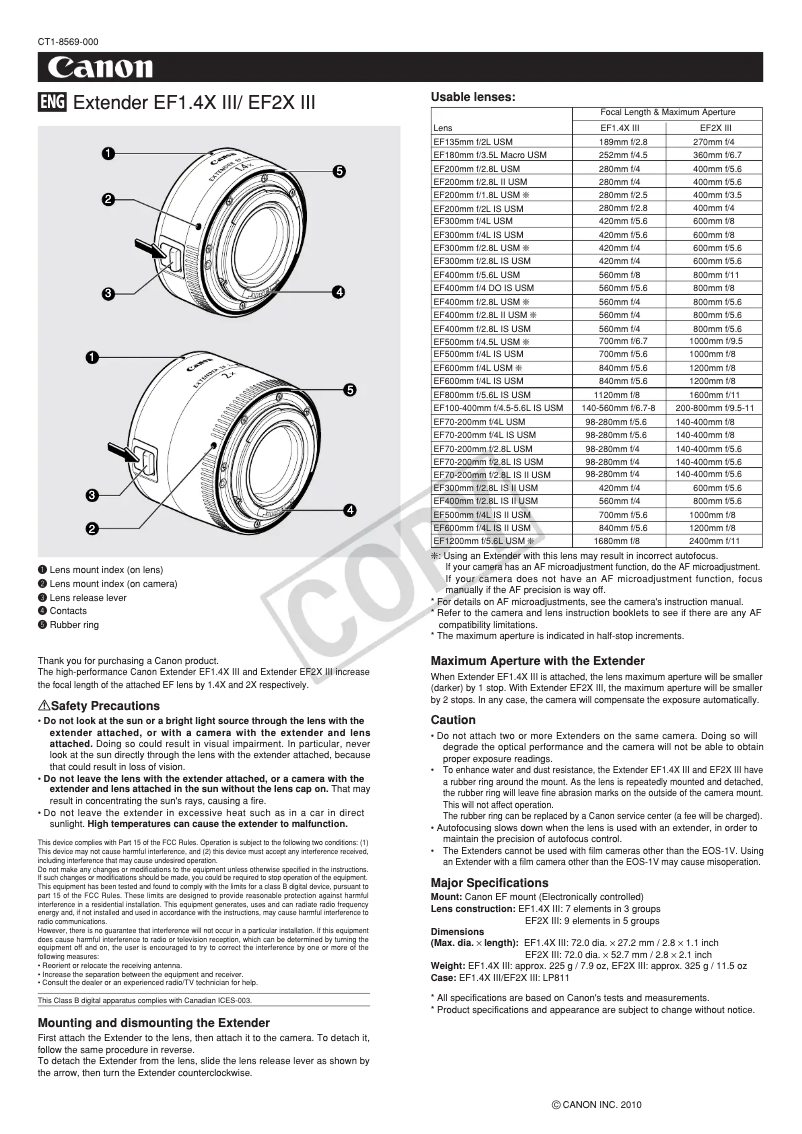 First page image of the manual for Extender EF1.4x III