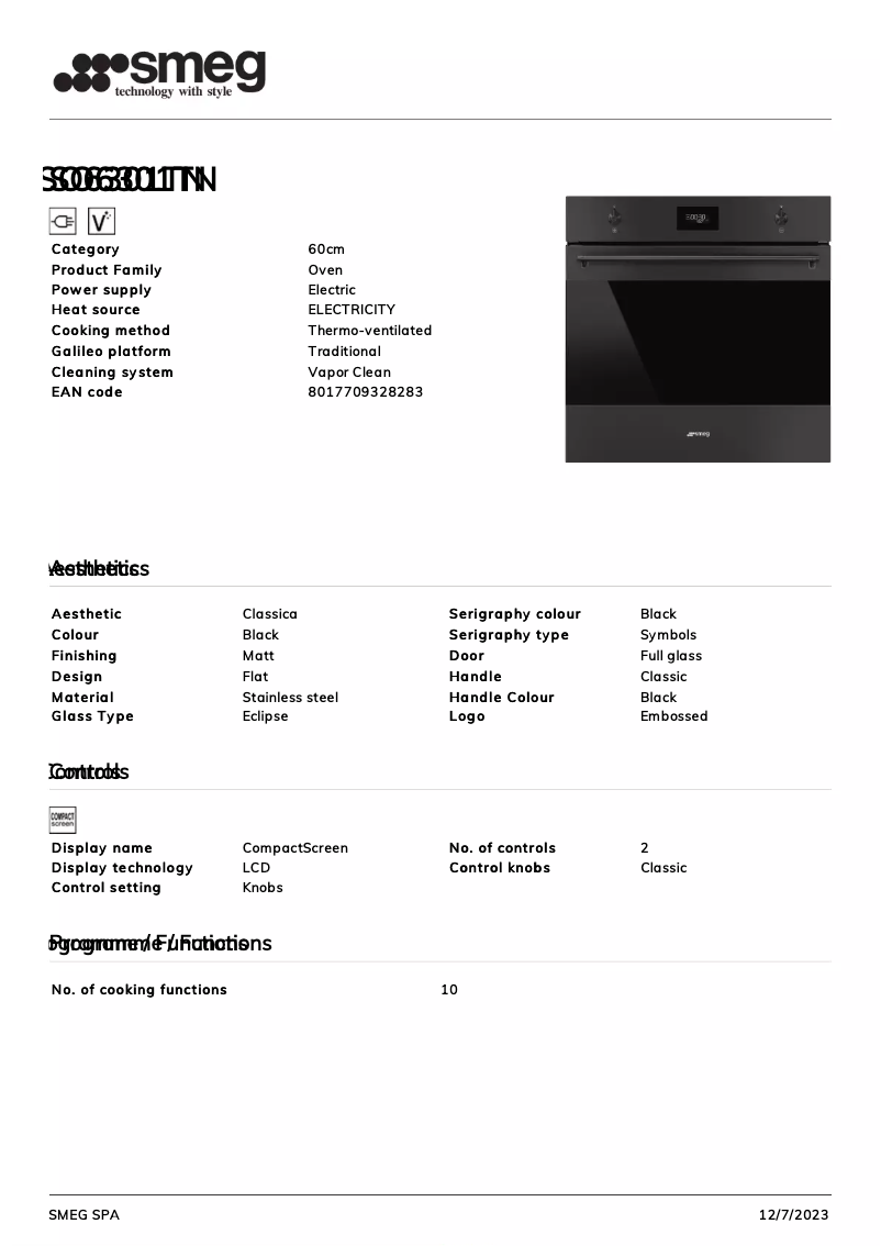 Page 1 of the manual Technical Sheet Smeg SO6301TN