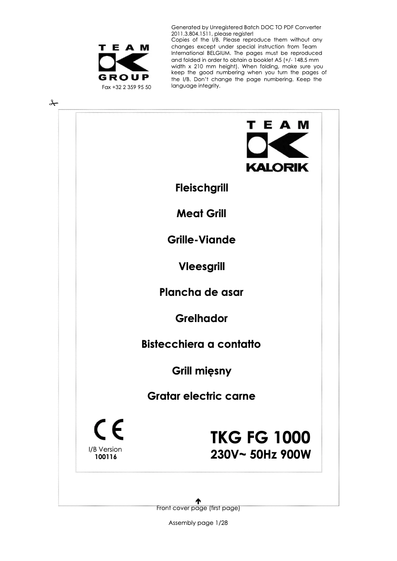 Page 1 de la notice Manuel utilisateur Kalorik TKG FG 1000