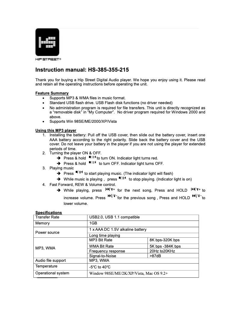 First page image of the manual for HS-385
