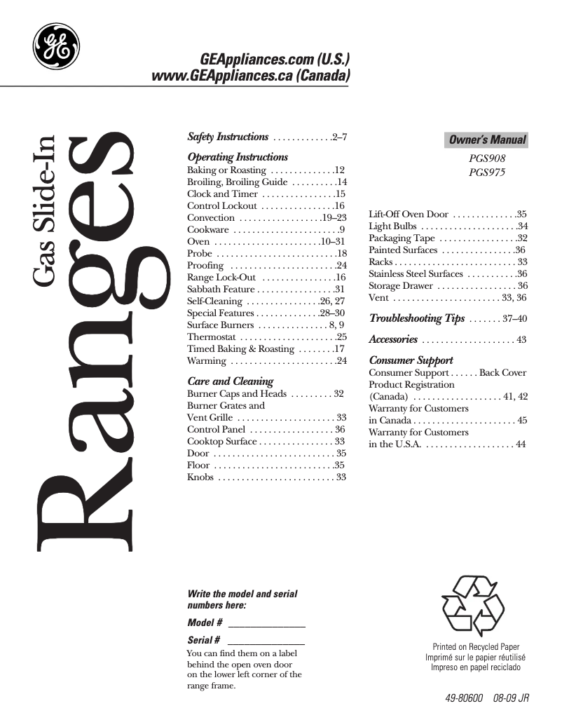 First page image of the manual for PGS908BEMBB