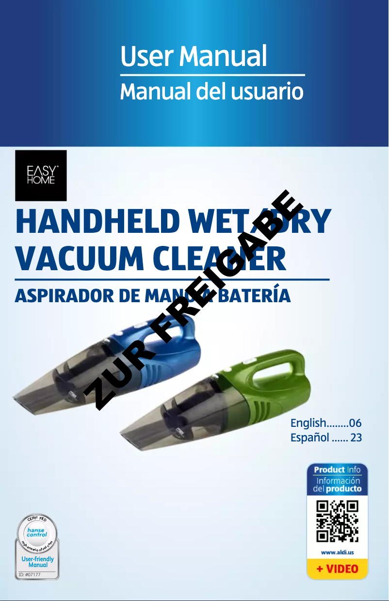 Page 1 of the manual User Manual Easy Home Handheld Wet/Dry Vacuum Cleaner VC2167