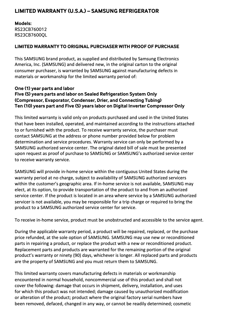 Page 1 of the manual Warranty Information Samsung RS23CB760012