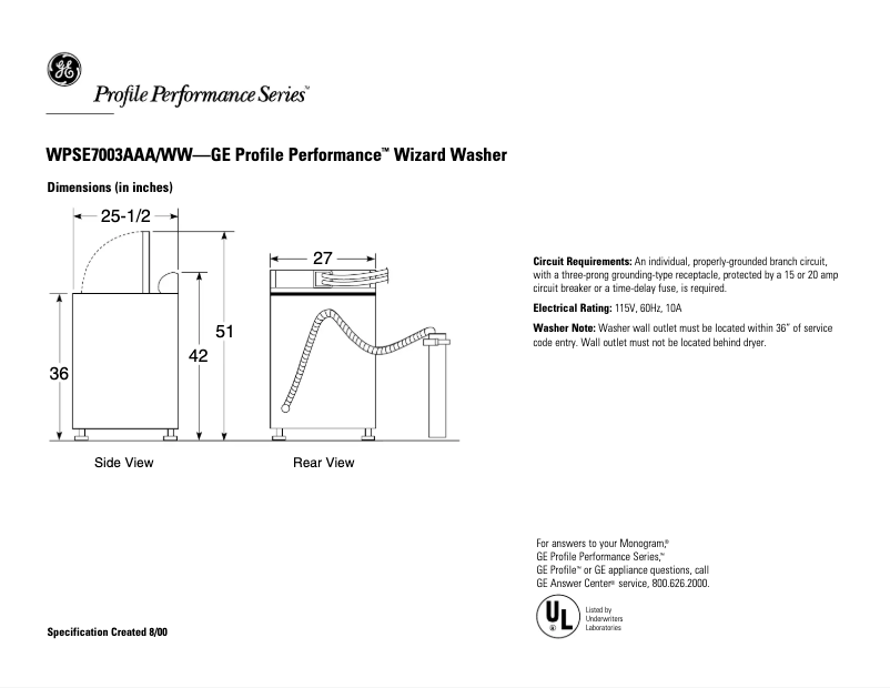 Page 1 of the manual Technical Sheet GE Profile Wizard WPSE7003AWW