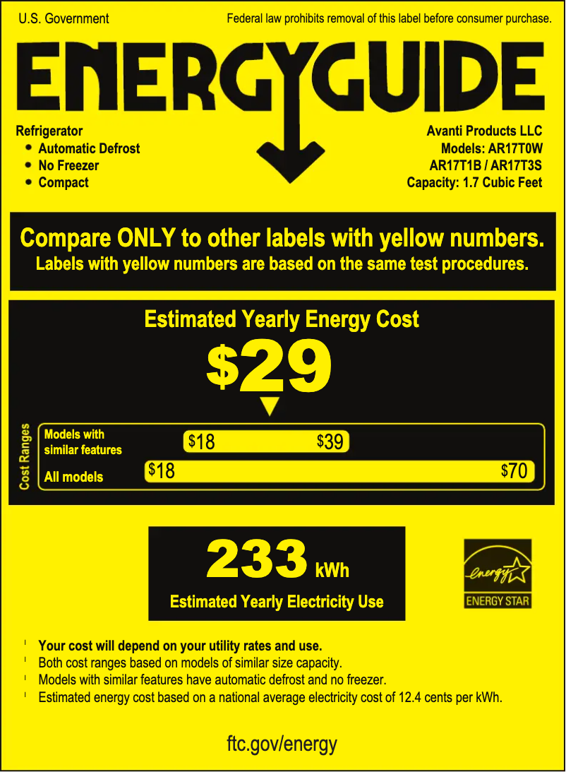 Page 1 of the manual Energy Label Avanti AR17T0W