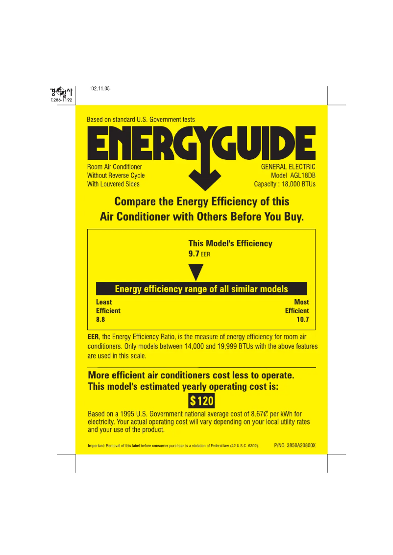 Page 1 of the manual Energy Label GE AGL18DB