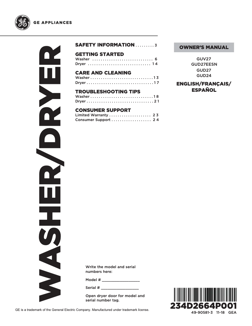 First page image of the manual for Spacemaker GUD24ESSJWW