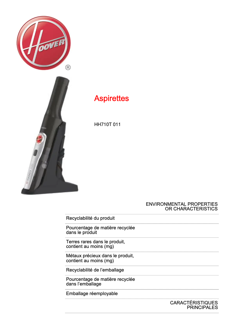 Page 1 of the manual Technical Sheet Hoover H-HANDY 700 Express