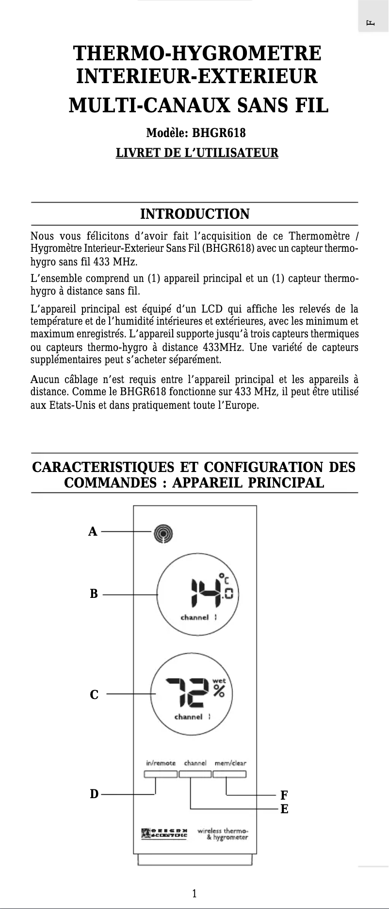 Page 1 of the manual User Manual Oregon Scientific BHGR618