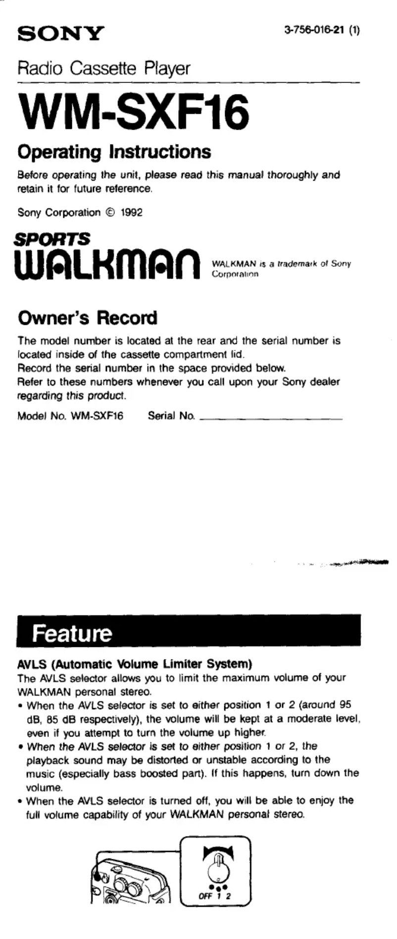 First page image of the manual for Walkman WM-SXF16