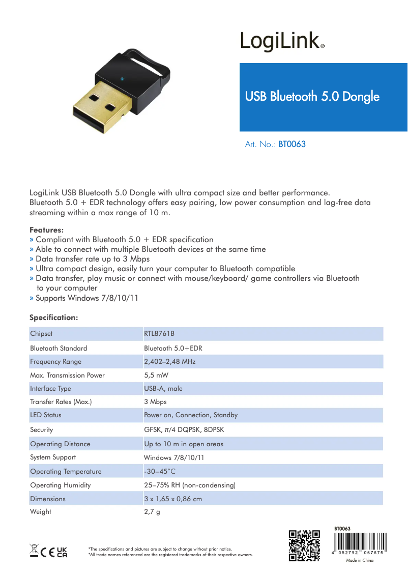 Page 1 de la notice Manuel utilisateur LogiLink BT0063