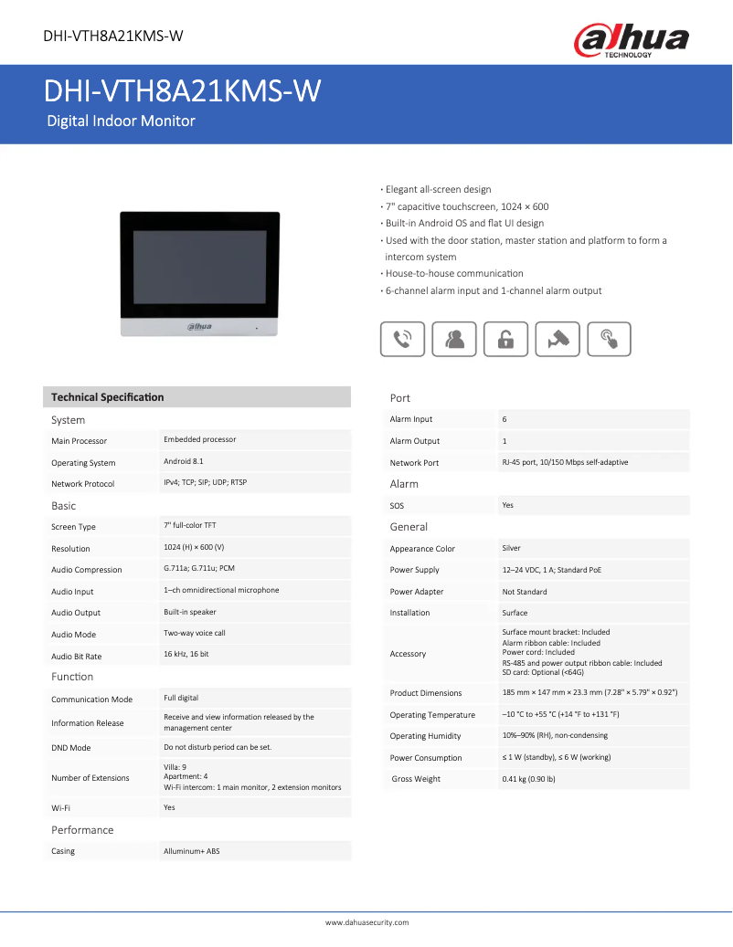 Page 1 of the manual Technical Sheet Dahua Technology VTH8A21KMS-W