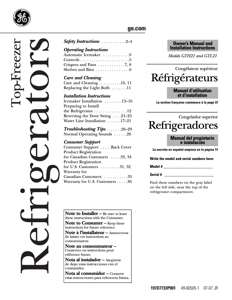 First page image of the manual for GTS21KCXBB