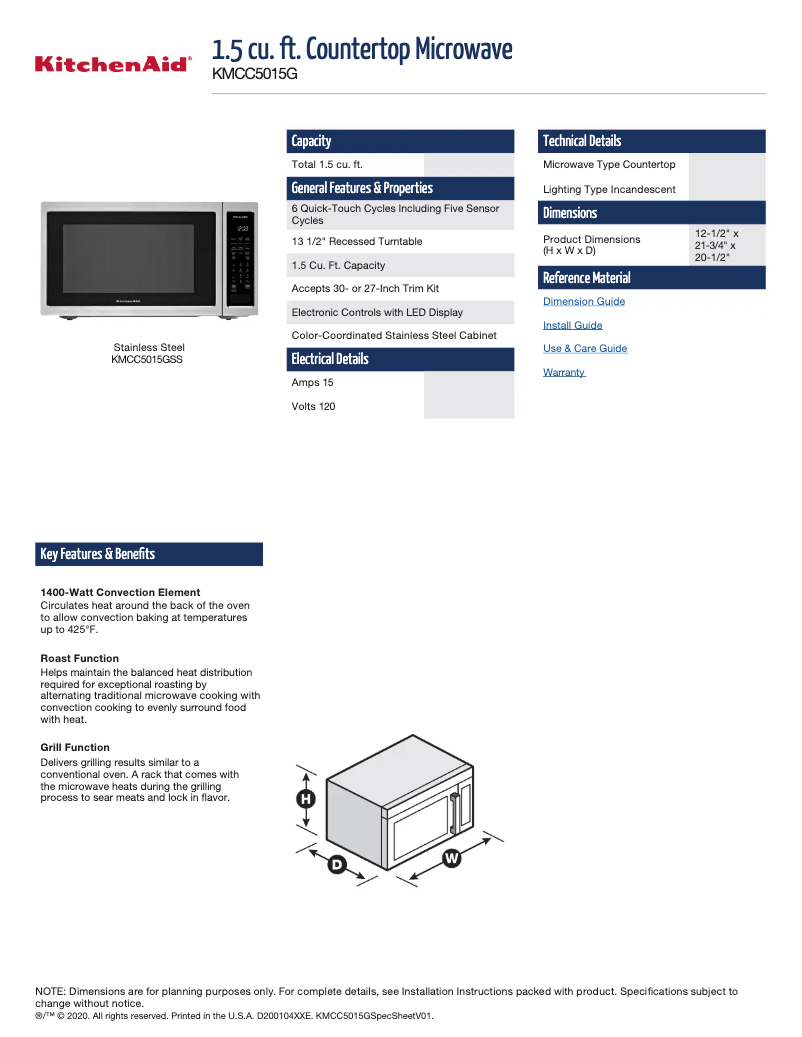 Page 1 of the manual Technical Sheet KitchenAid KMCC5015GSS