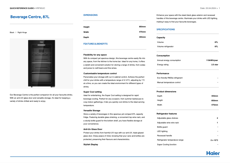 First page image of the manual for HRF90UC
