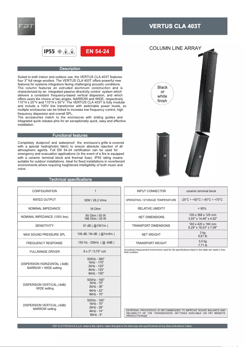 Page 1 of the manual Technical Sheet FBT CLA 403T