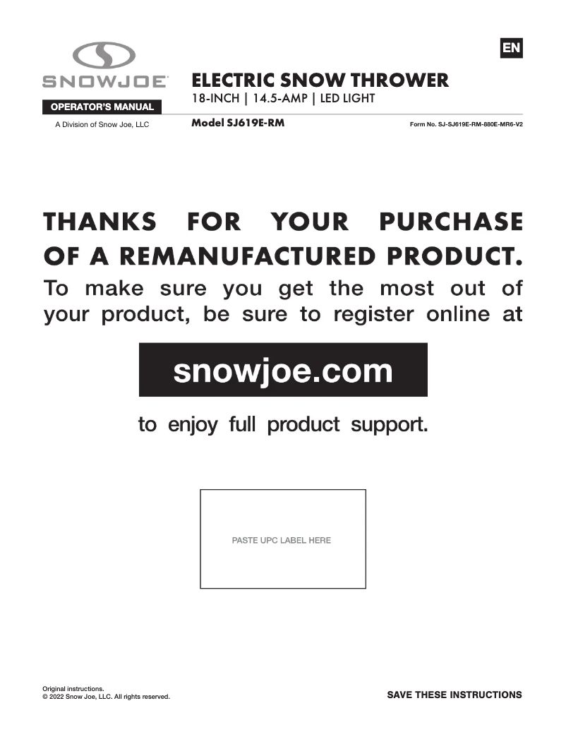 Page 1 of the manual User Manual Snow Joe SJ619E-RM
