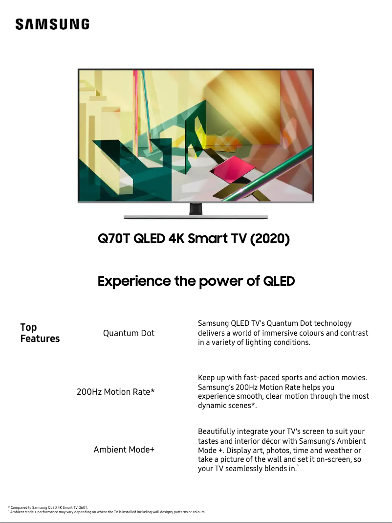 Page 1 of the manual Technical Sheet Samsung QA75Q70TAWXXY