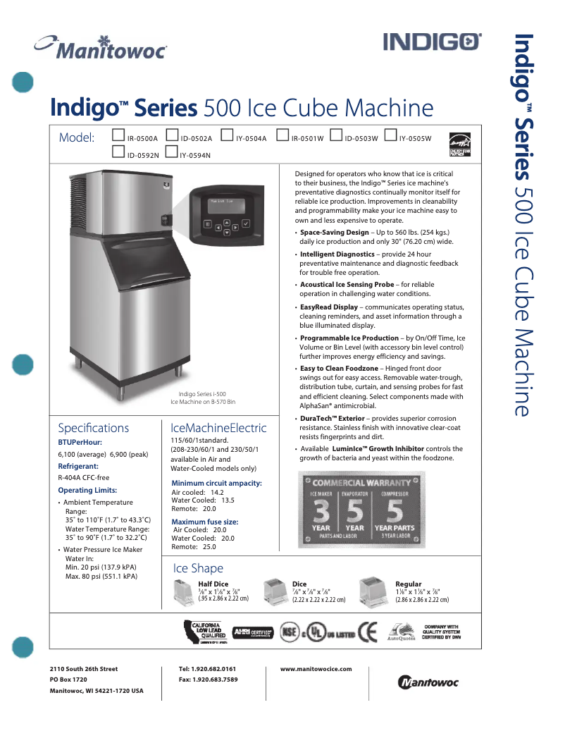 Page 1 de la notice Fiche technique Manitowoc IY-0594N