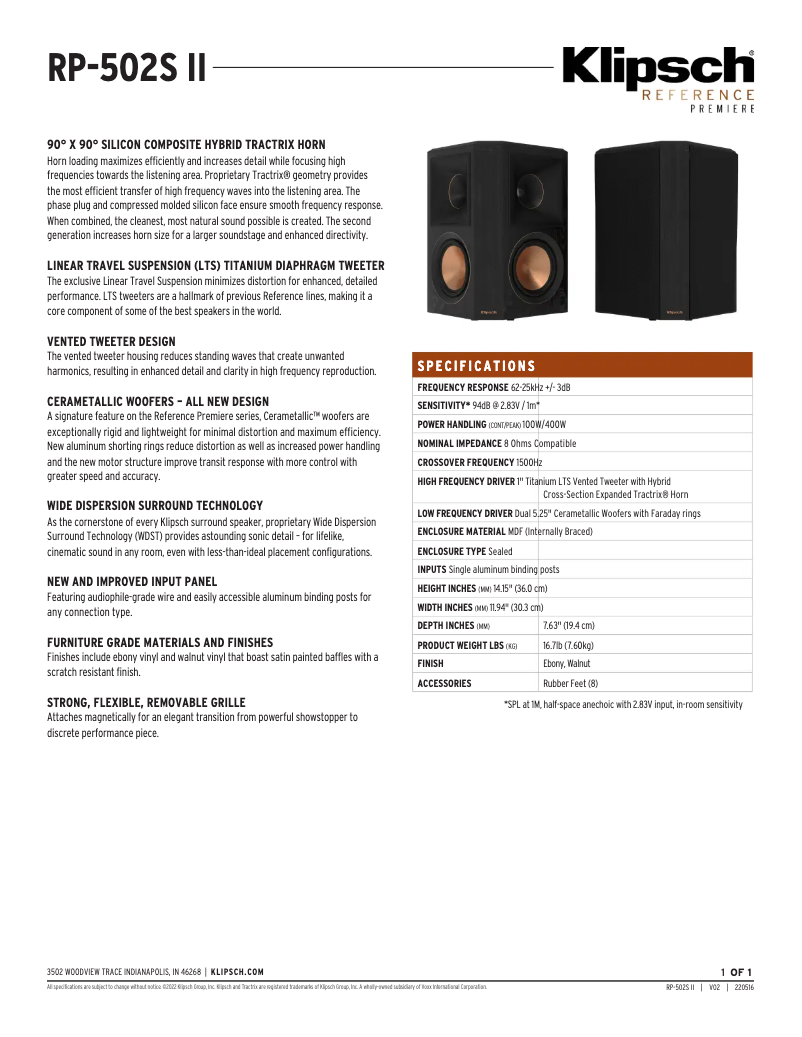 Page 1 of the manual Technical Sheet Klipsch Reference Premiere RP-502S II