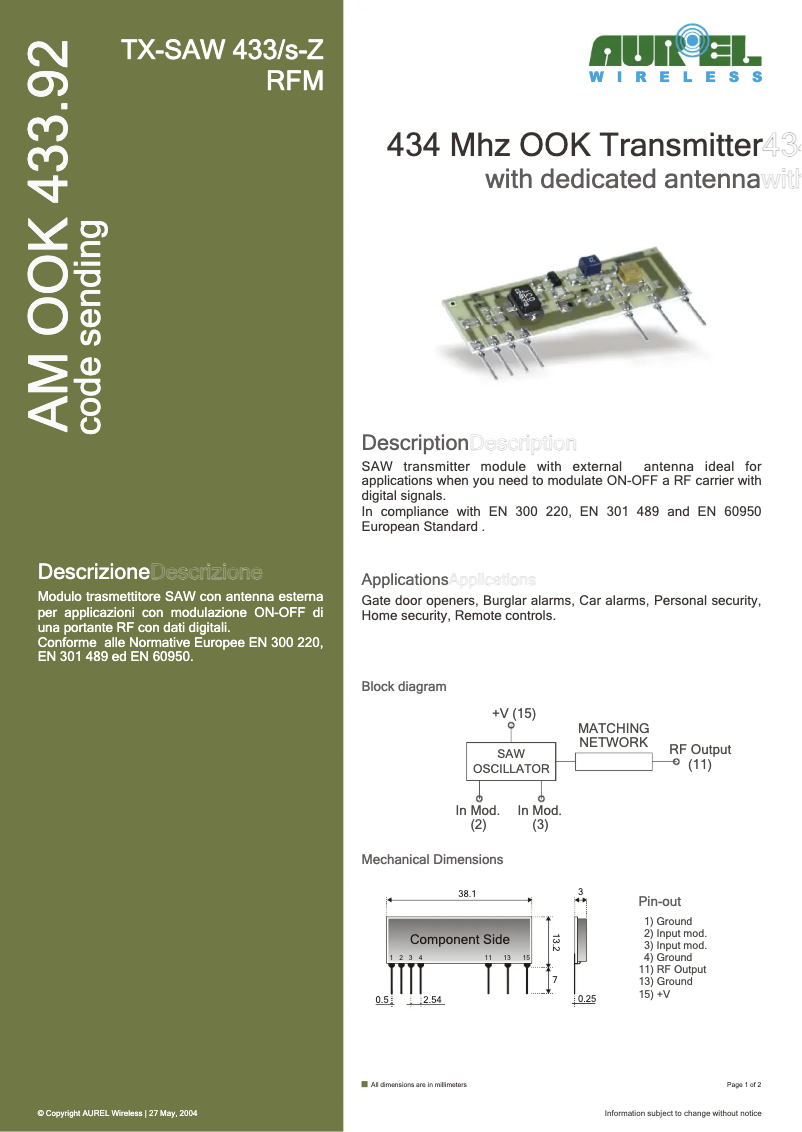 First page image of the manual for TXSAW433