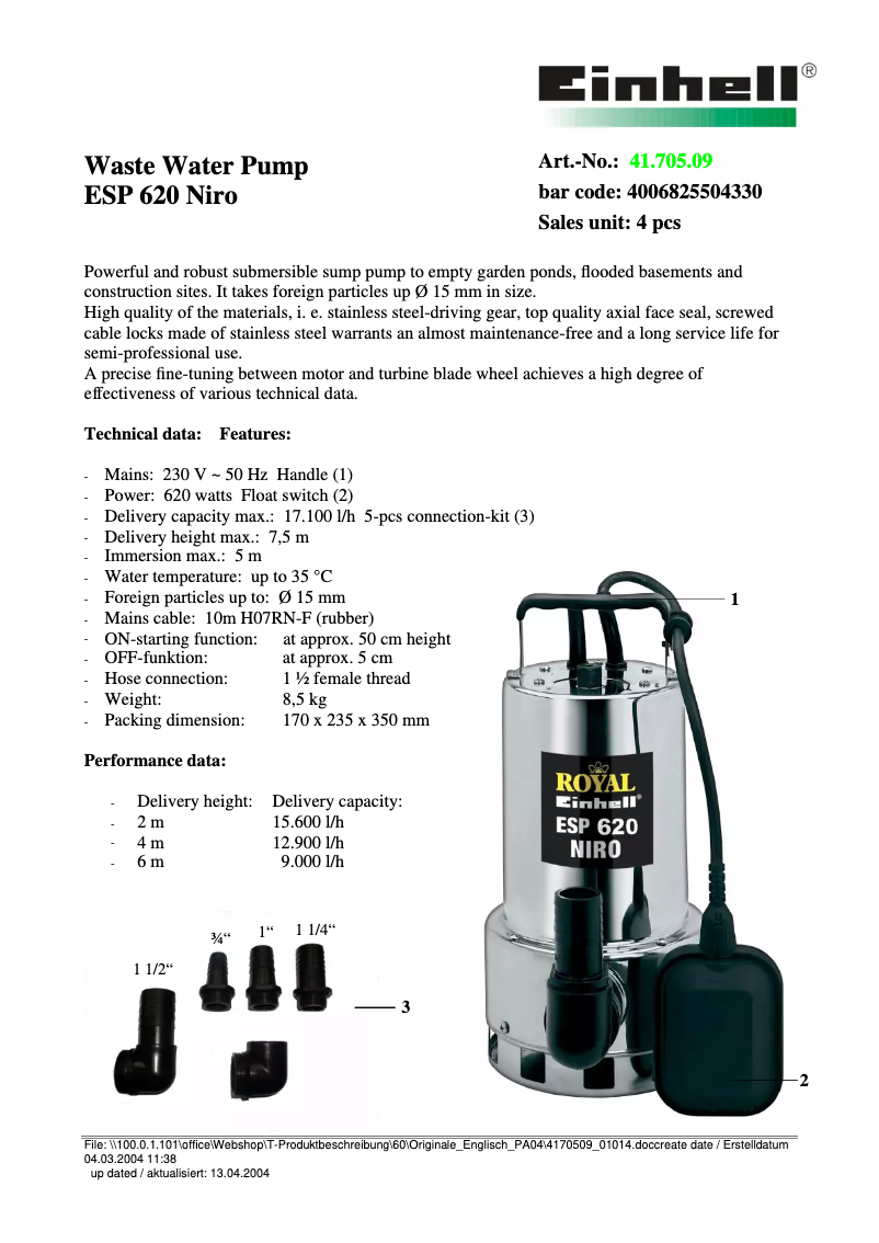 Page 1 of the manual Technical Sheet Einhell Royal ESP 620 Niro