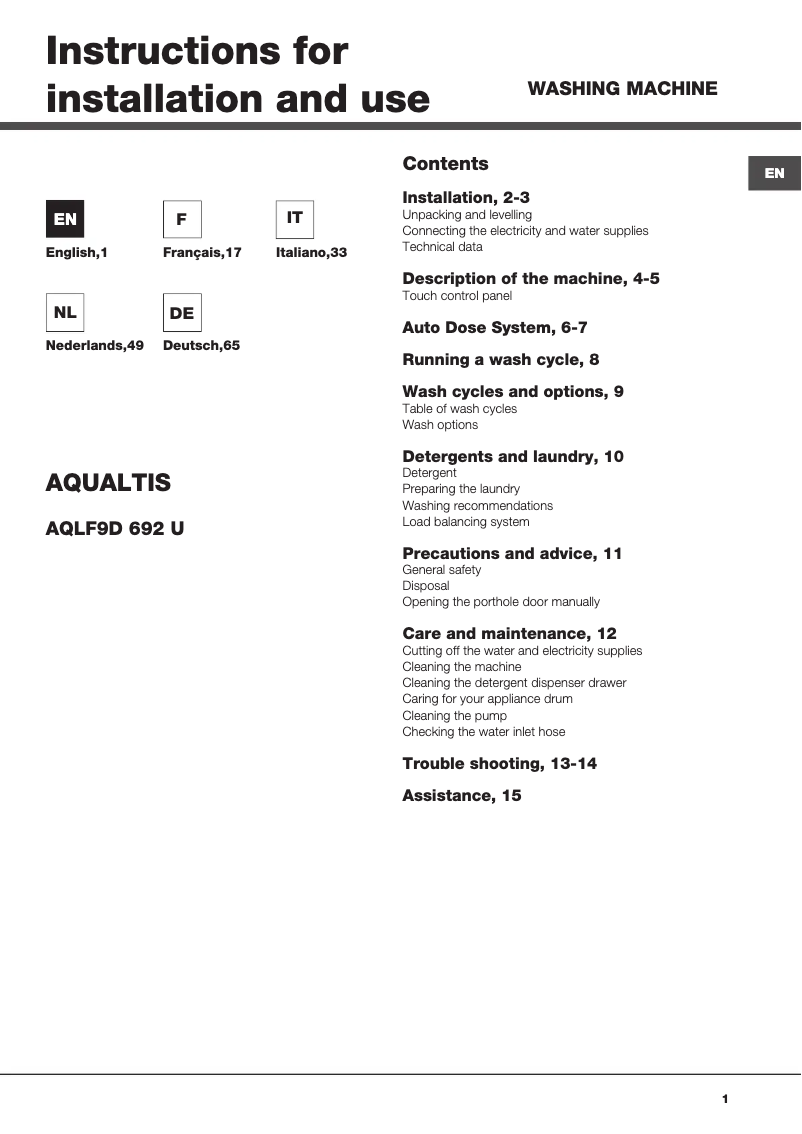 First page image of the manual for AQLF9D 692 U (EU)/A