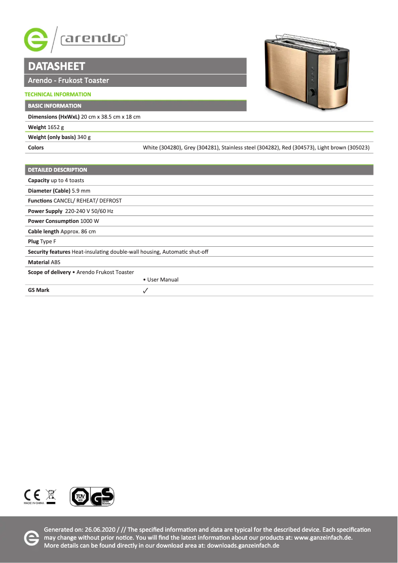 Page 1 of the manual Technical Sheet Arendo Frukost 304281