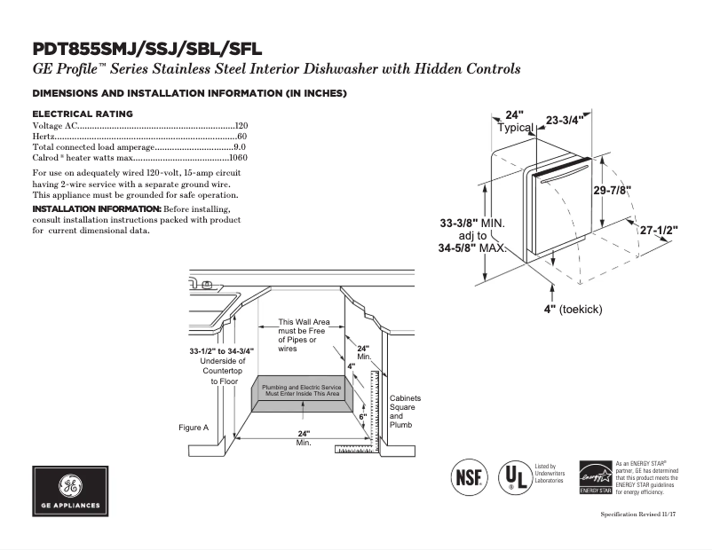 Page 1 of the manual Technical Sheet GE Profile PDT855SBLTS