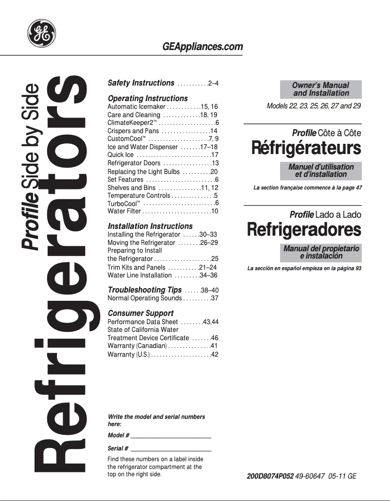 First page image of the manual for Profile PSDF5RGXWW