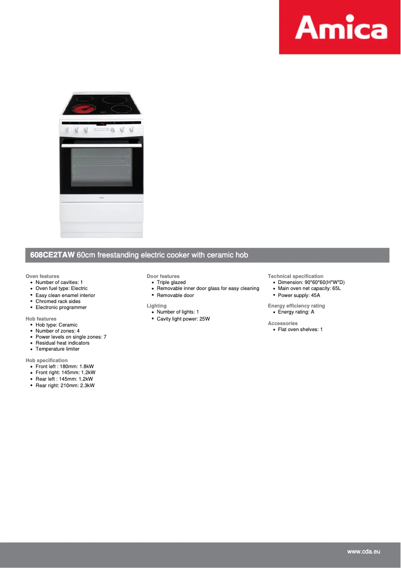 Page 1 of the manual Technical Sheet Amica 608CE2Ta(W)