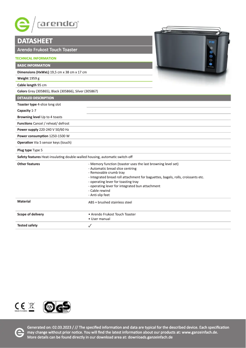 Page 1 of the manual Technical Sheet Arendo Touch Compact 305933