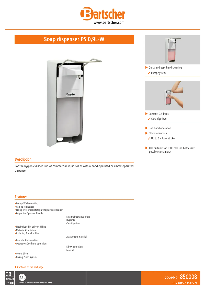 Page 1 of the manual Technical Sheet Bartscher 850008