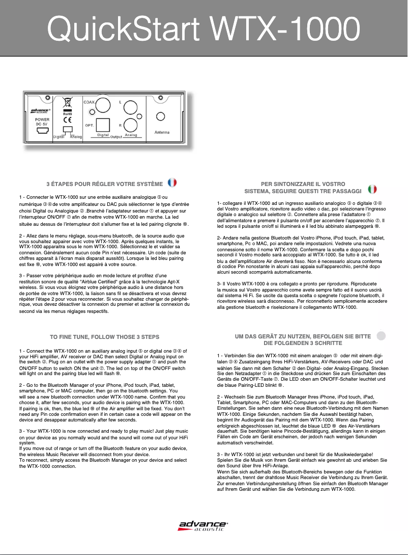 Page 1 of the manual User Manual Advance Acoustic WTX-1000