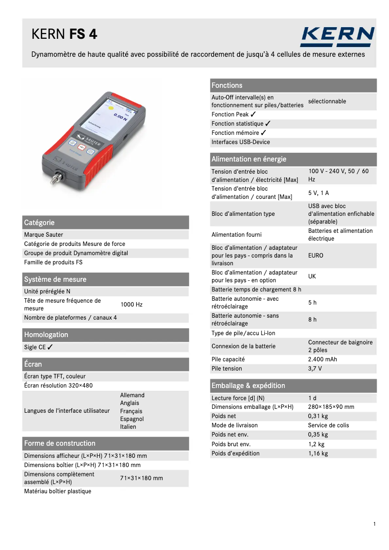 Page 1 of the manual Technical Sheet Kern FS 4