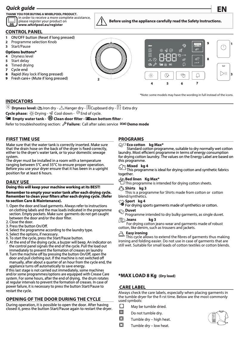 Page 1 of the manual User Manual Whirlpool W6 D83WB EE
