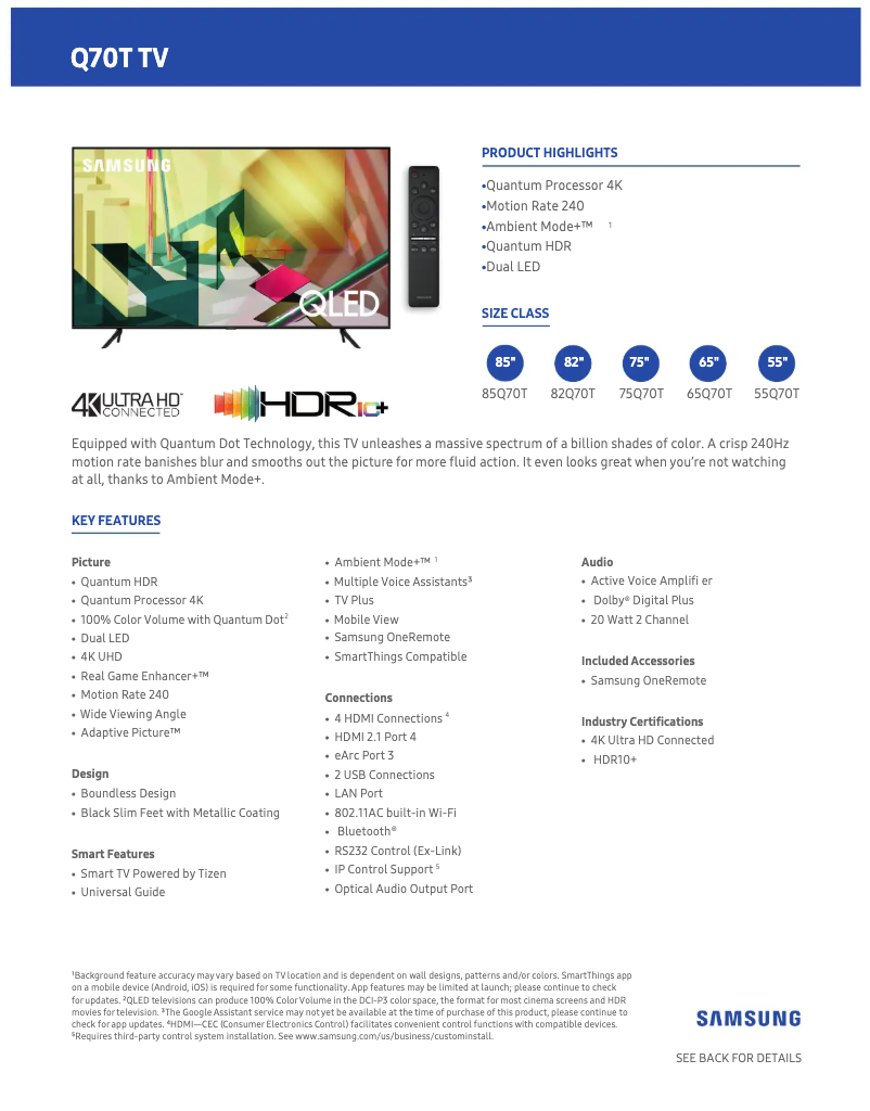 First page image of the manual for QN65Q70TAFXZA