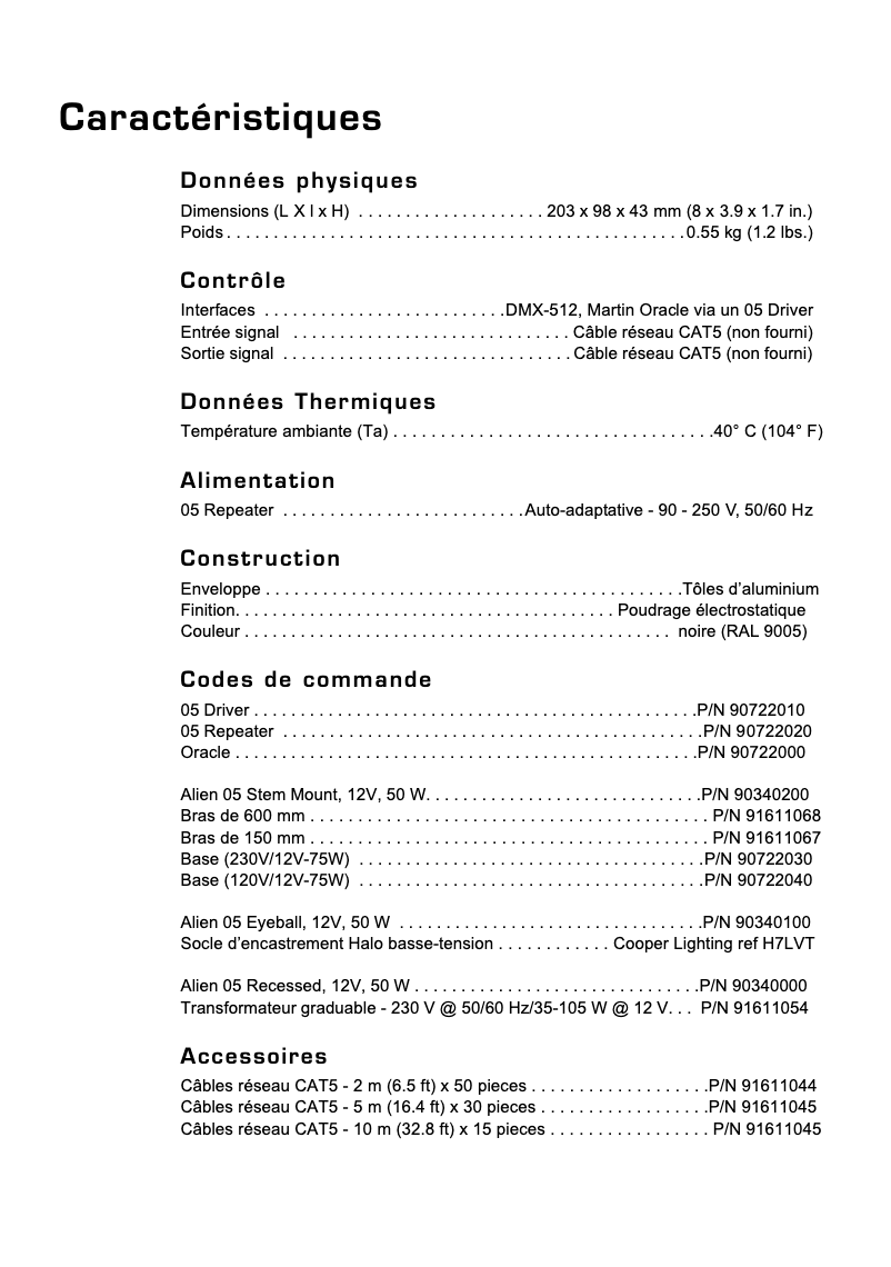 Page 1 of the manual Technical Sheet Martin Alien 05 Repeater