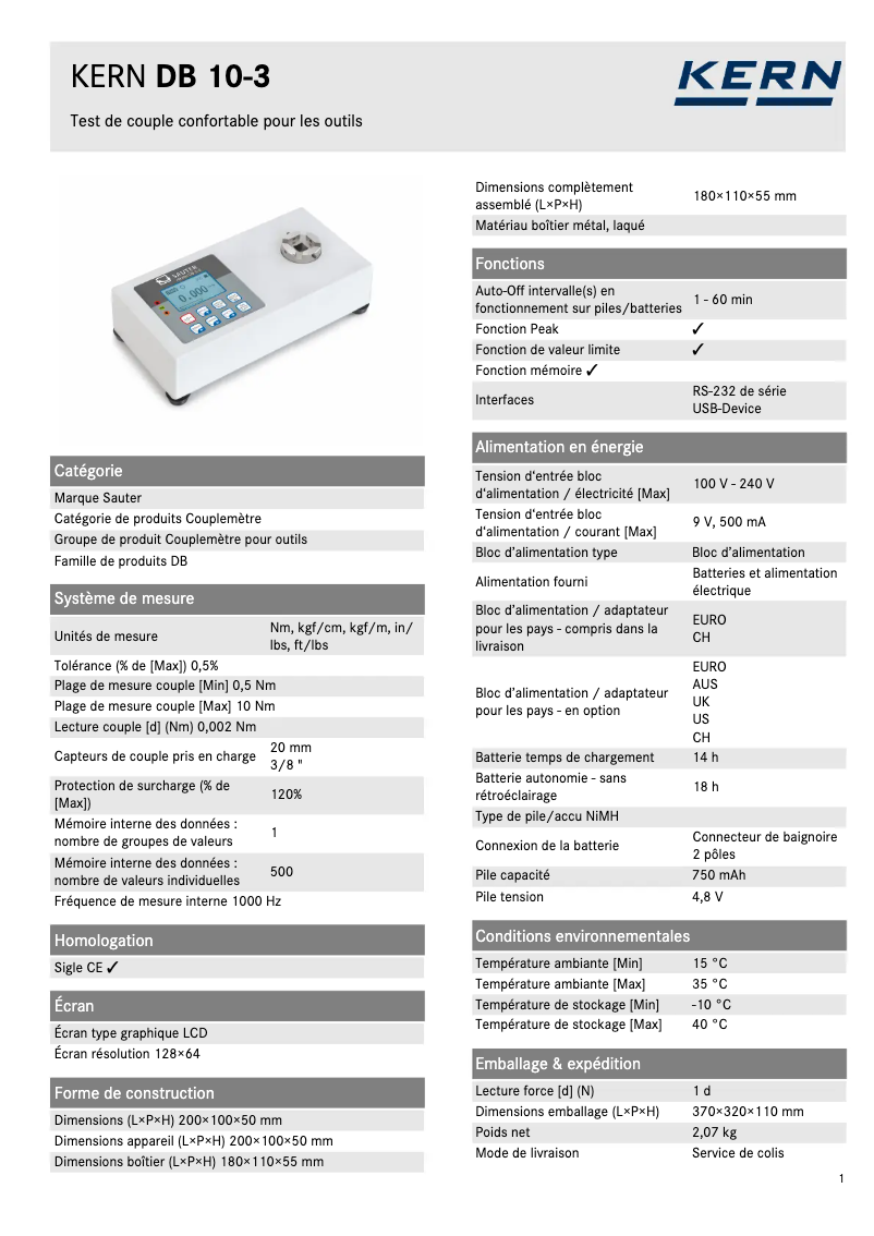 Page 1 of the manual Technical Sheet Kern DB 10-3