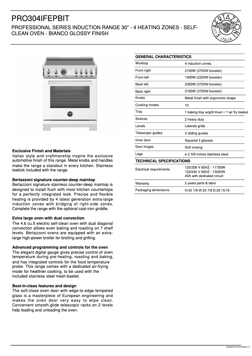 Page 1 of the manual Technical Sheet Bertazzoni PRO304IFEPBIT