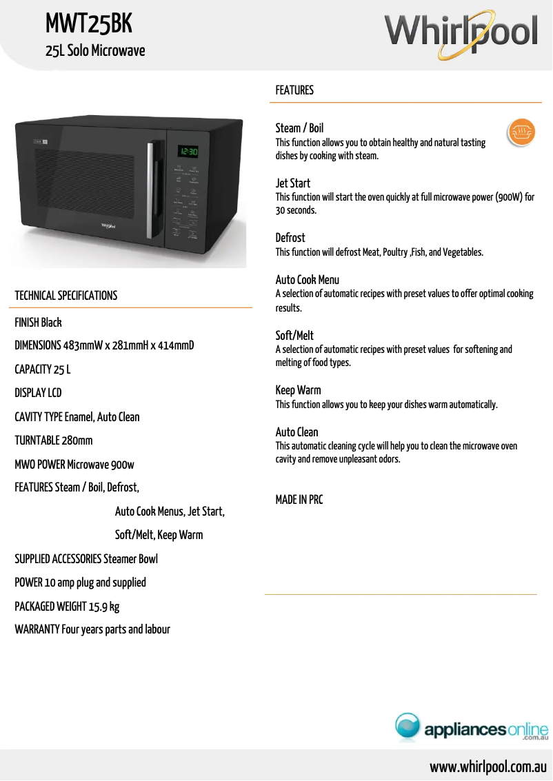 Page 1 of the manual Technical Sheet Whirlpool MWT25BK