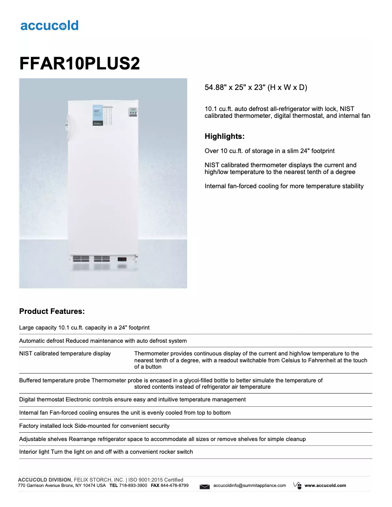 Page 1 of the manual Technical Sheet Summit Accucold FFAR10PLUS2